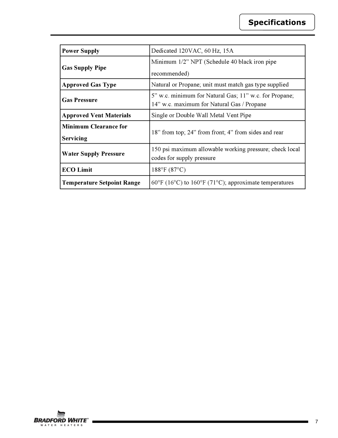 Bradford-White Corp D4403S*F(BN, D4504S*F(BN, SX) service manual Specifications 