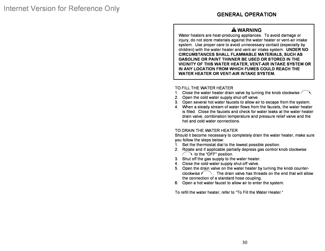 Bradford-White Corp 238-42498-00J REV 10/06 instruction manual General Operation, Internet Version for Reference Only 