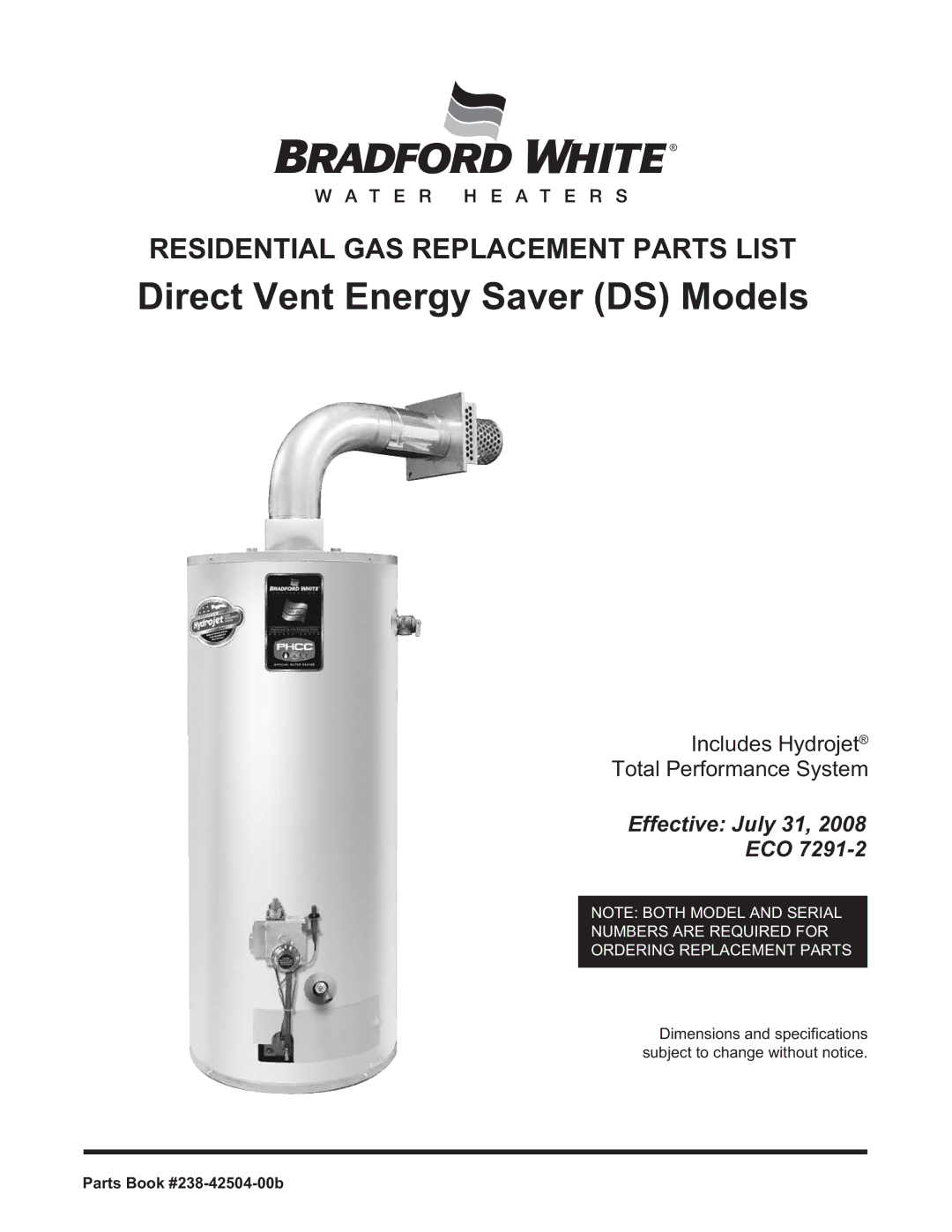 Bradford-White Corp dimensions Direct Vent Energy Saver DS Models, Parts Book #238-42504-00b 