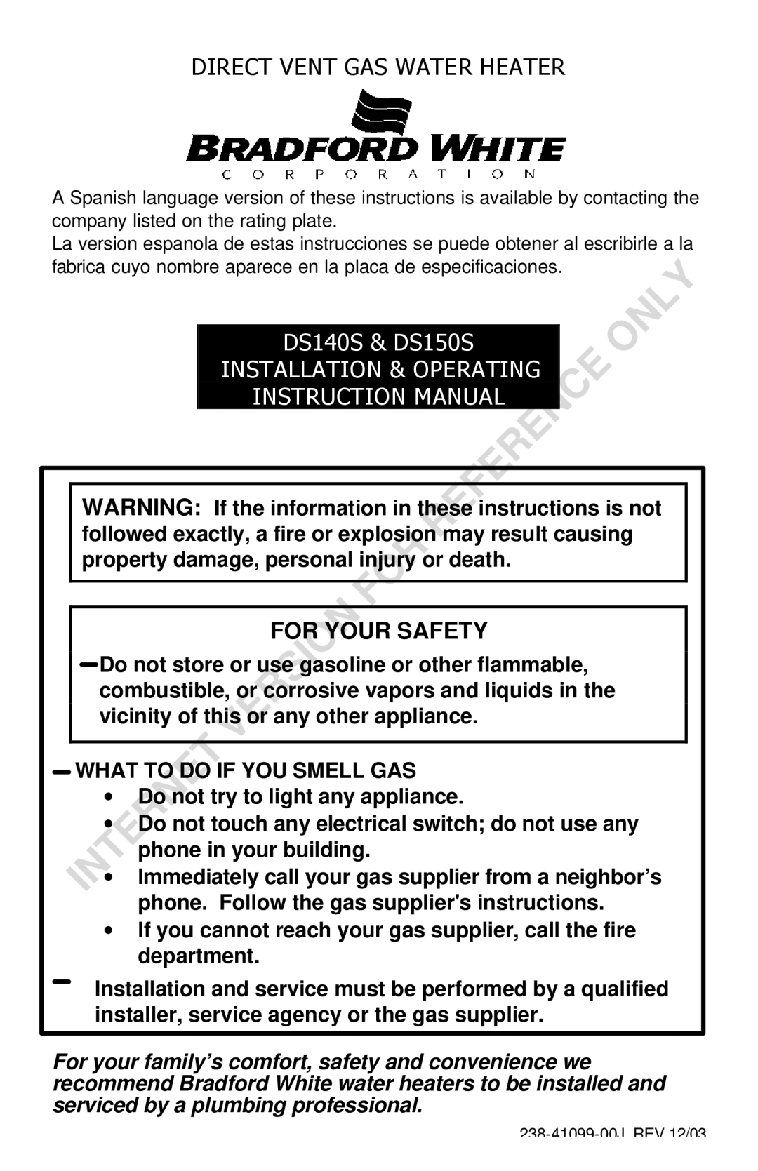 Bradford-White Corp DS150S, DS140S instruction manual Direct Vent GAS Water Heater, What to do if YOU Smell GAS 