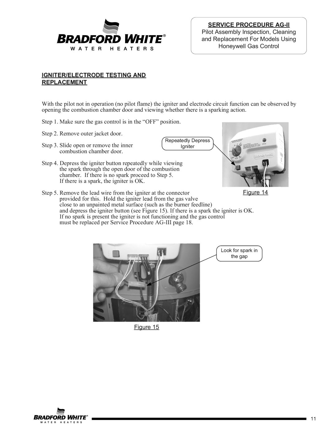 Bradford-White Corp CX, D)W275T*(BN, C(S service manual IGNITER/ELECTRODE Testing Replacement 