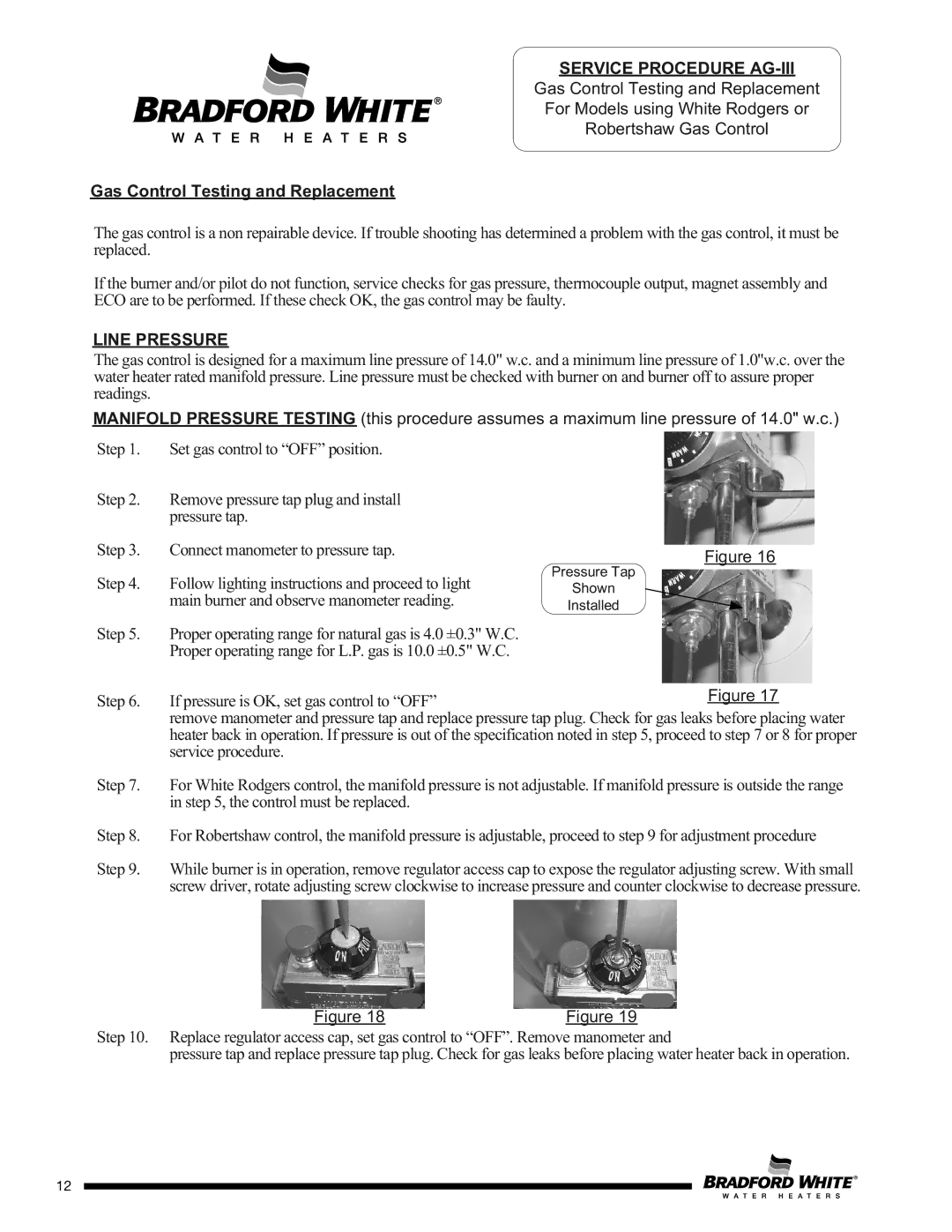 Bradford-White Corp D)W275T*(BN, C(S, CX Service Procedure AG-III, Gas Control Testing and Replacement, Line Pressure 