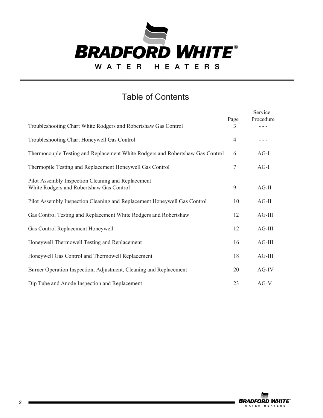 Bradford-White Corp CX, D)W275T*(BN, C(S service manual Table of Contents 