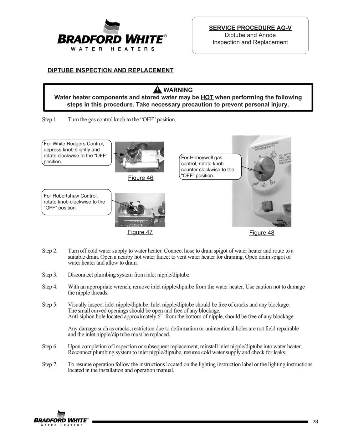 Bradford-White Corp CX, D)W275T*(BN, C(S service manual Service Procedure AG-V, Diptube Inspection and Replacement 