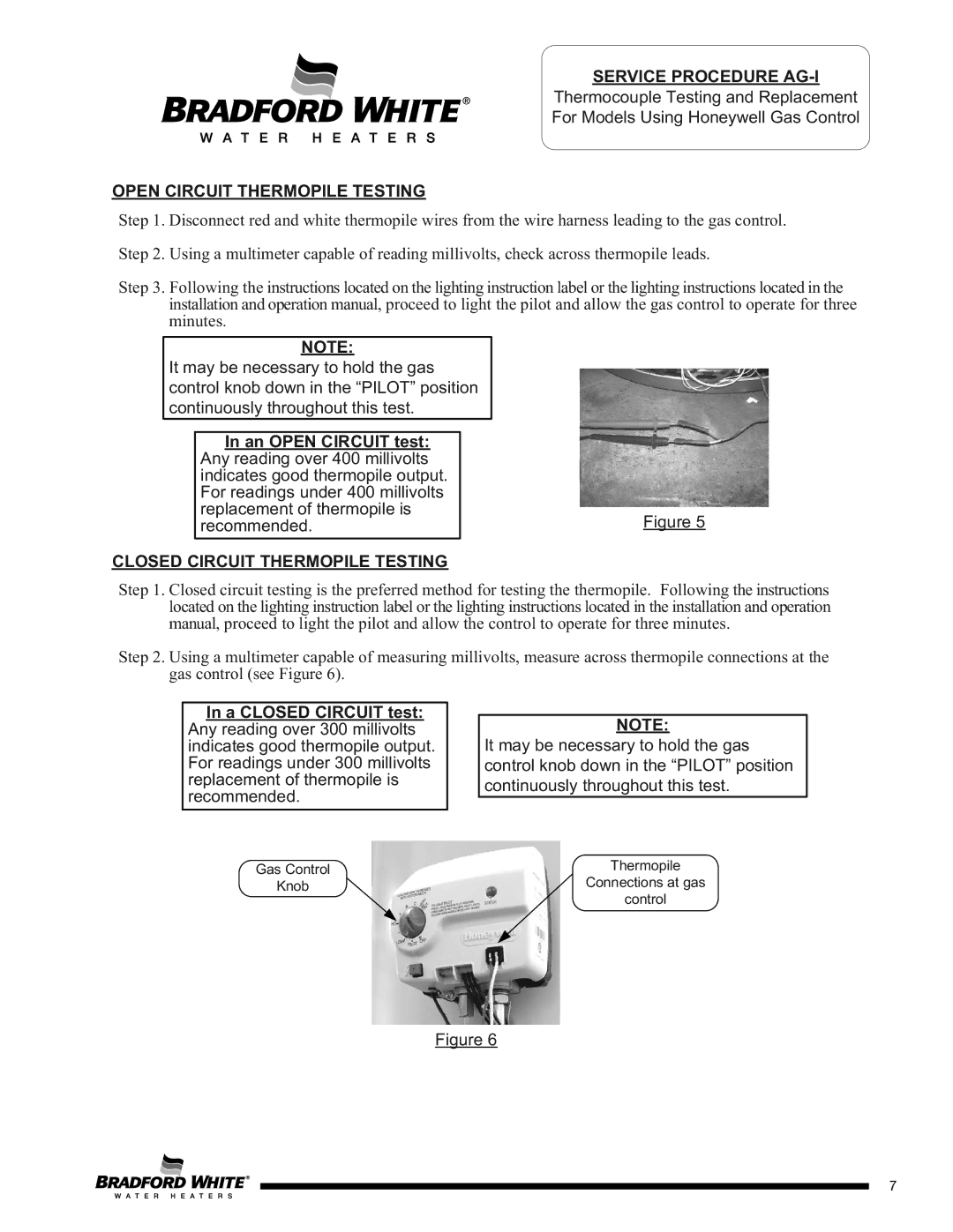 Bradford-White Corp C(S, CX Open Circuit Thermopile Testing, An Open Circuit test, Closed Circuit Thermopile Testing 