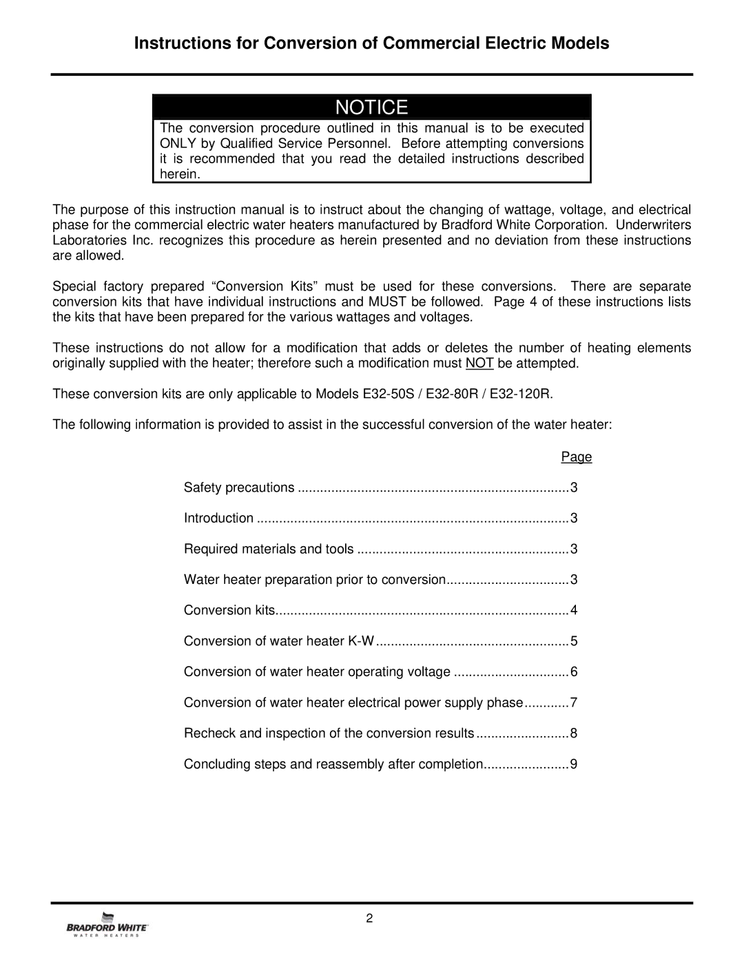 Bradford-White Corp E32-80R, E32-120R, E32-50S manual Instructions for Conversion of Commercial Electric Models 