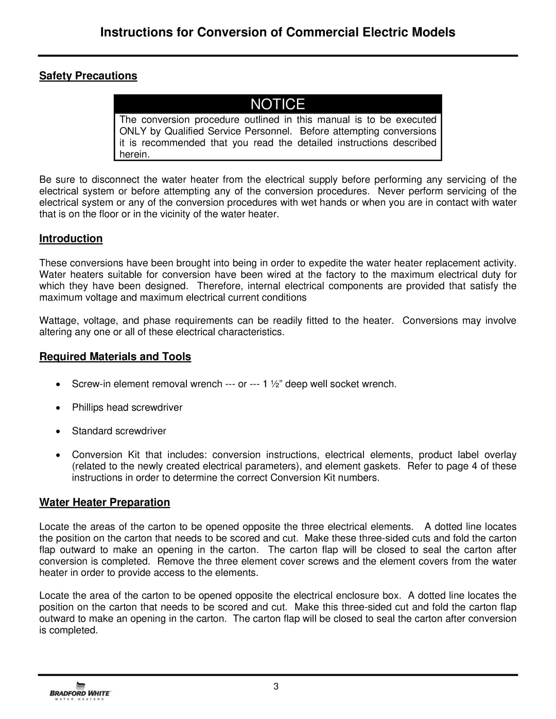 Bradford-White Corp E32-120R Safety Precautions, Introduction, Required Materials and Tools, Water Heater Preparation 