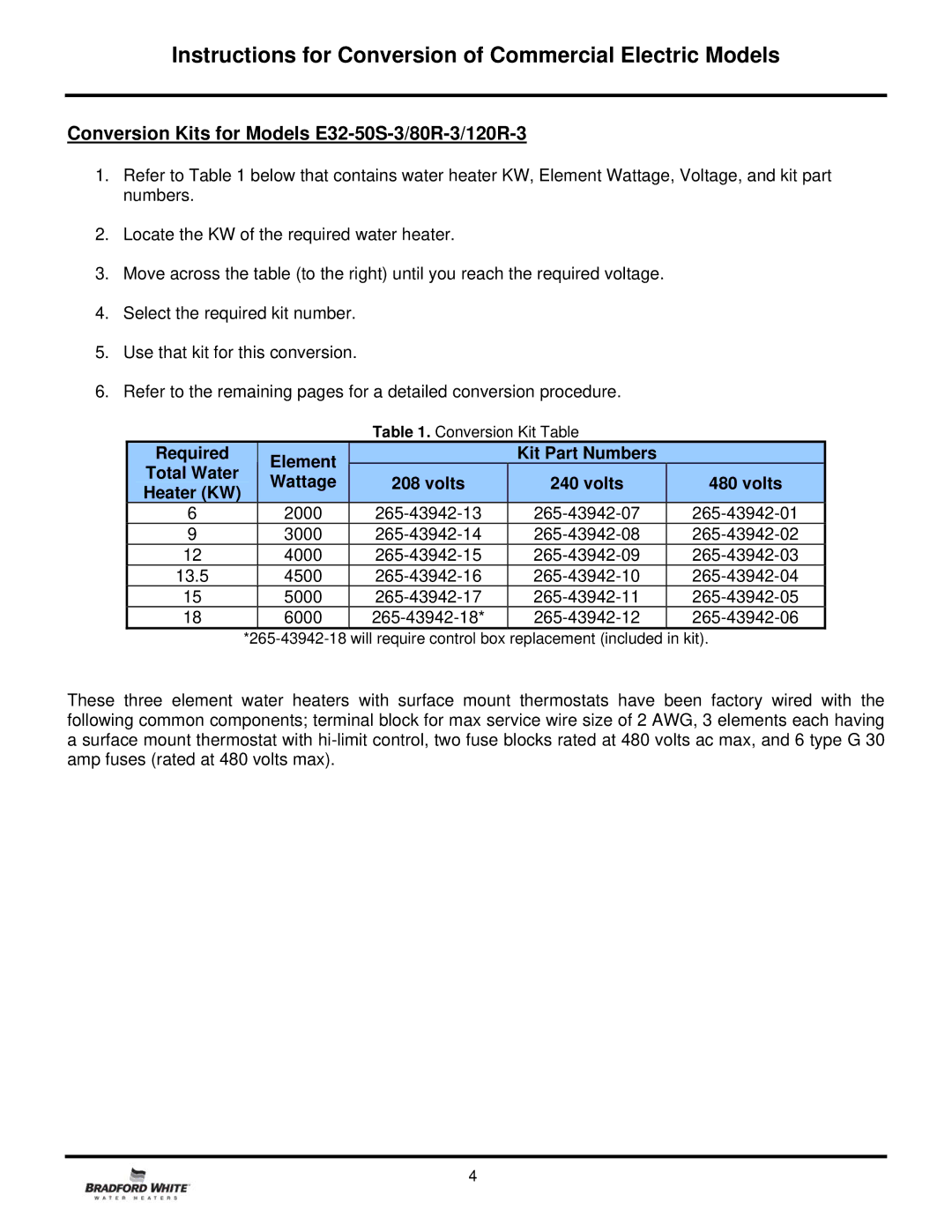 Bradford-White Corp E32-120R, E32-80R manual Conversion Kits for Models E32-50S-3/80R-3/120R-3 