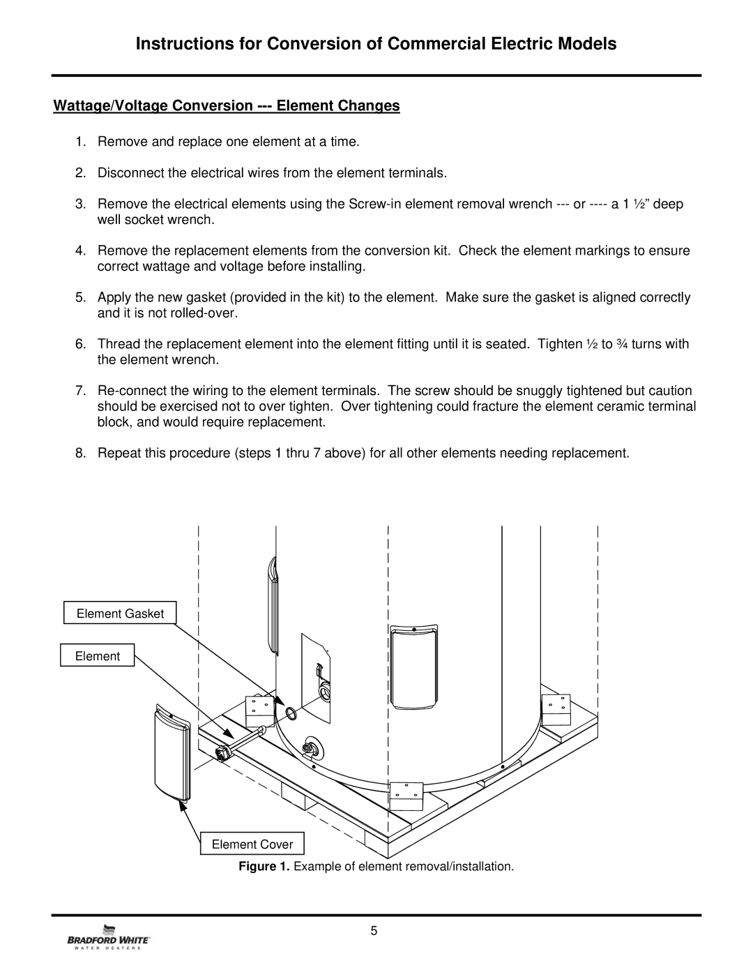 Bradford-White Corp E32-80R manual Wattage/Voltage Conversion --- Element Changes, Example of element removal/installation 