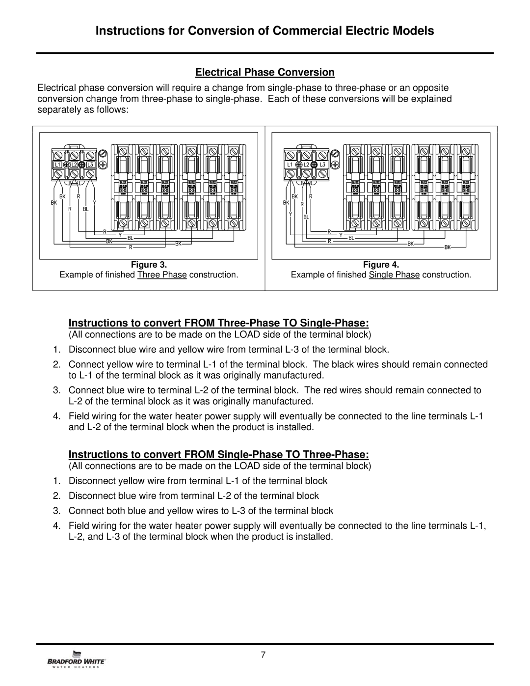 Bradford-White Corp E32-50S, E32-80R Electrical Phase Conversion, Instructions to convert from Three-Phase to Single-Phase 