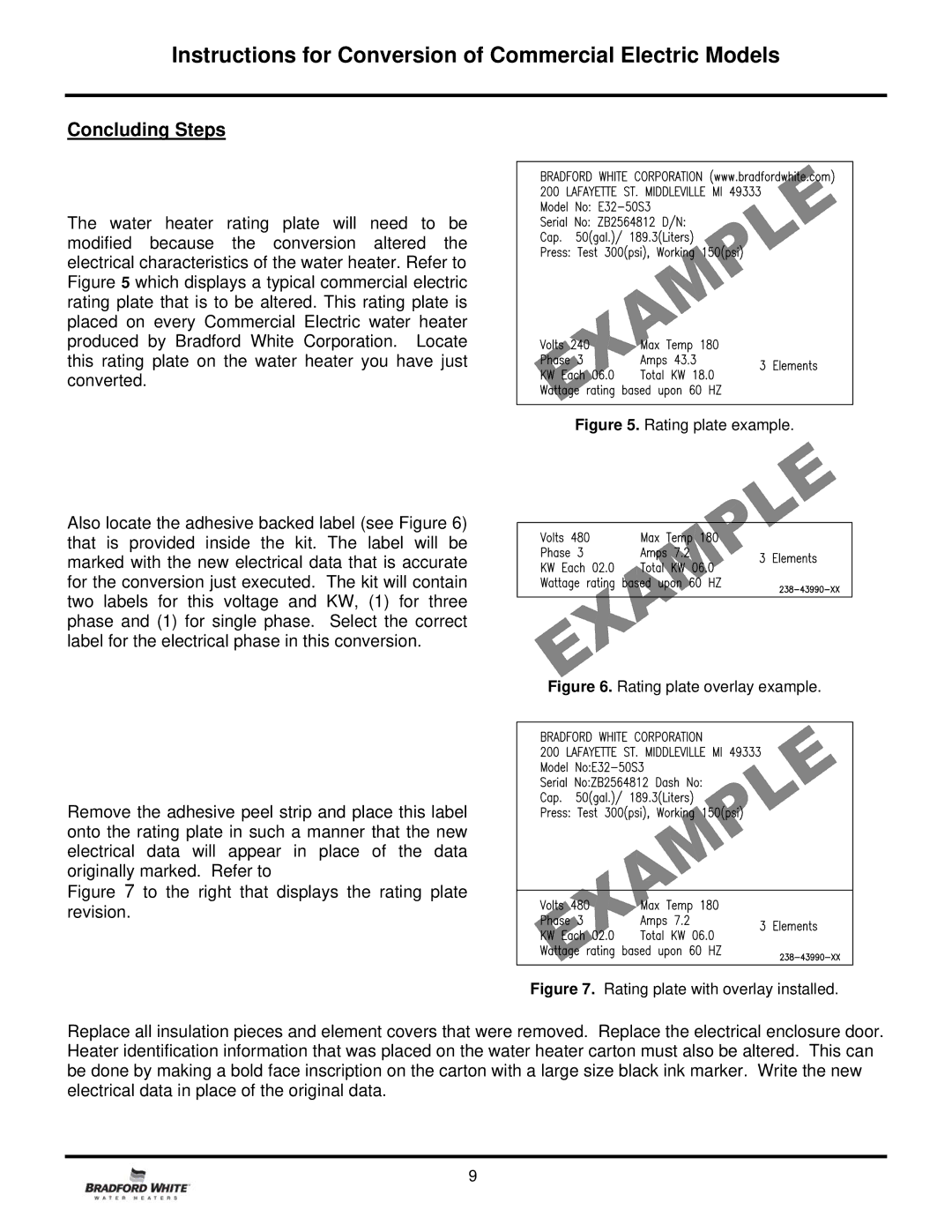 Bradford-White Corp E32-120R, E32-50S, E32-80R manual Concluding Steps, To the right that displays the rating plate revision 