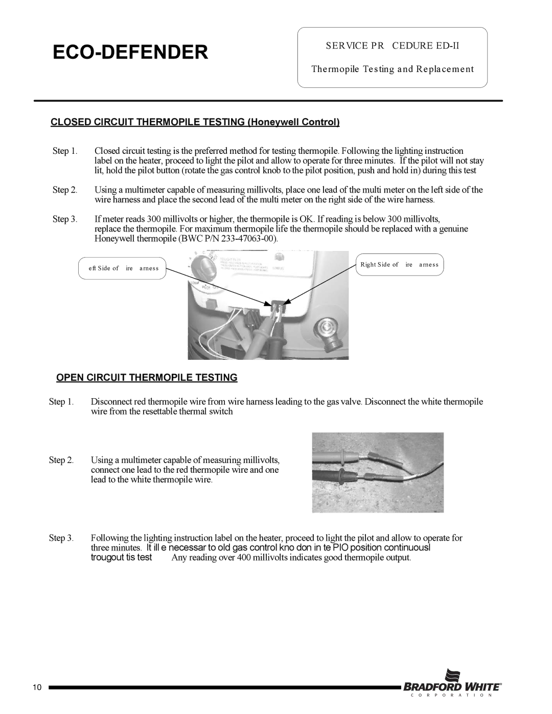 Bradford-White Corp Eco Defender Closed Circuit Thermopile Testing Honeywell Control, Open Circuit Thermopile Testing 