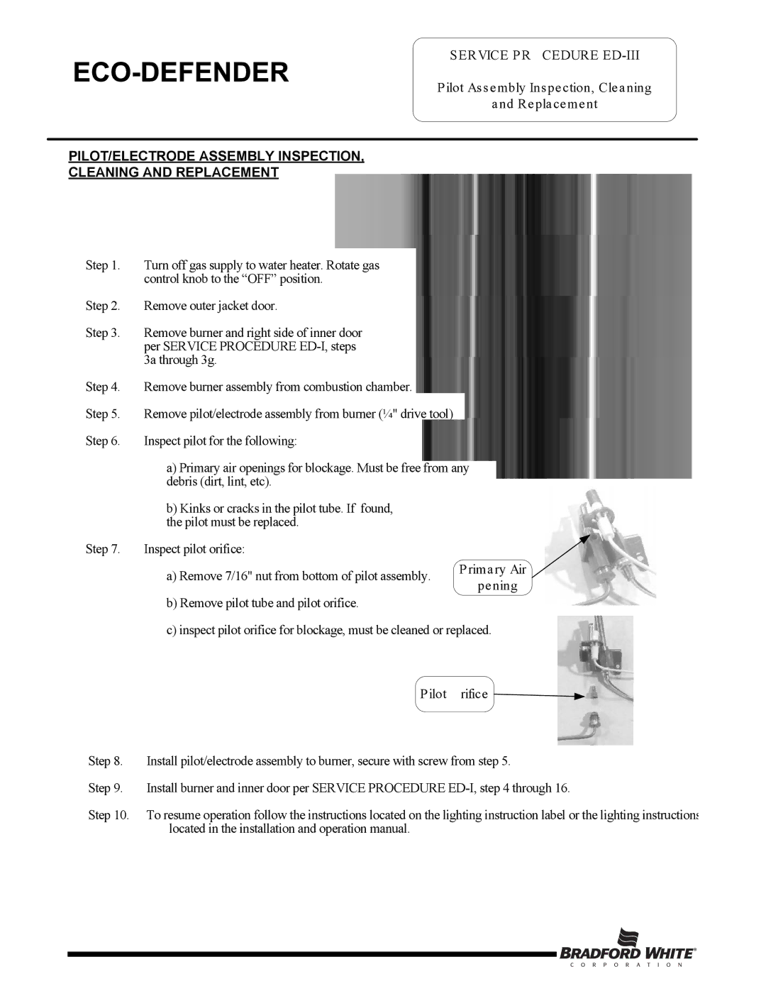 Bradford-White Corp Eco Defender, U130T*FRN warranty PILOT/ELECTRODE Assembly Inspection Cleaning and Replacement 