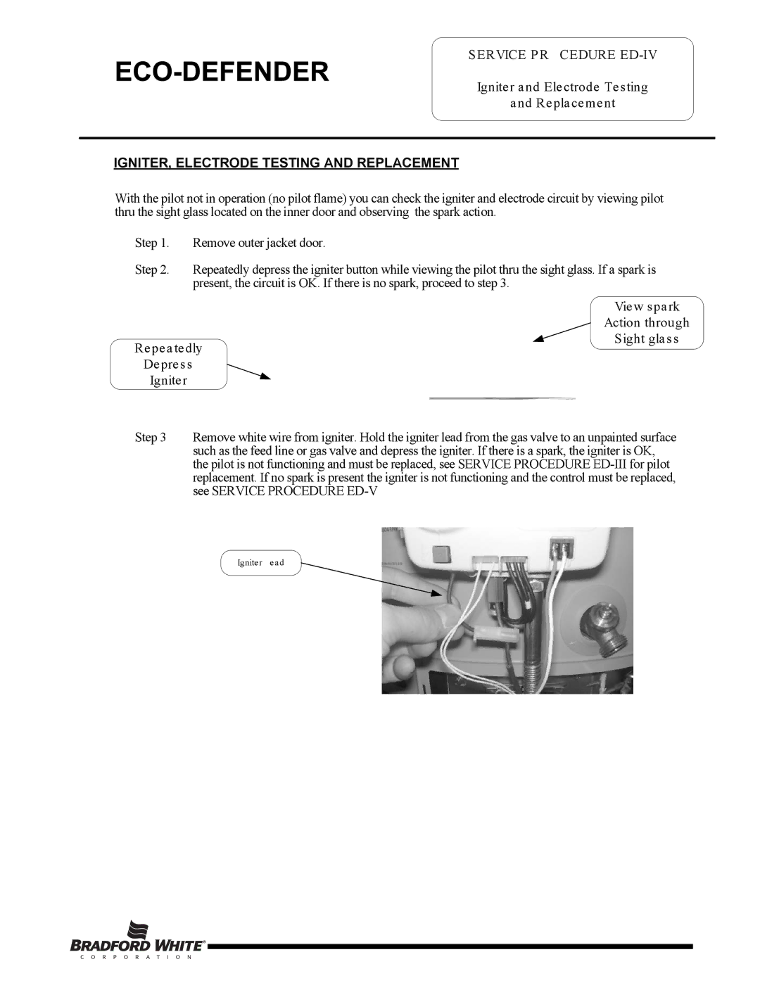 Bradford-White Corp U130T*FRN, Eco Defender warranty IGNITER, Electrode Testing and Replacement 