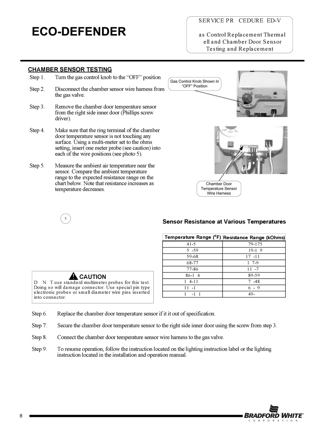 Bradford-White Corp Eco Defender, U130T*FRN warranty Chamber Sensor Testing, Temperature Range oF Resistance Range kOhms 