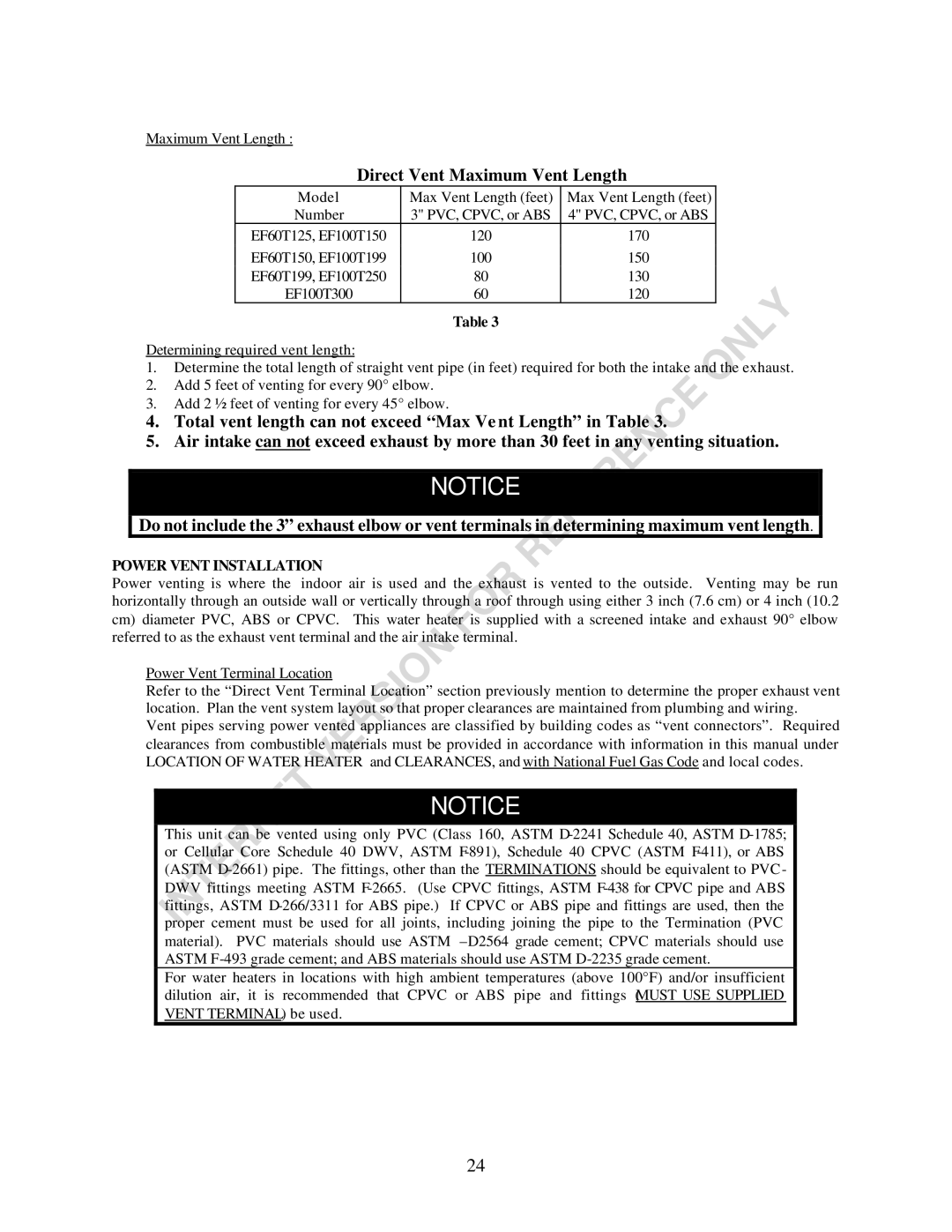 Bradford-White Corp EF Series warranty Direct Vent Maximum Vent Length, Power Vent Installation 