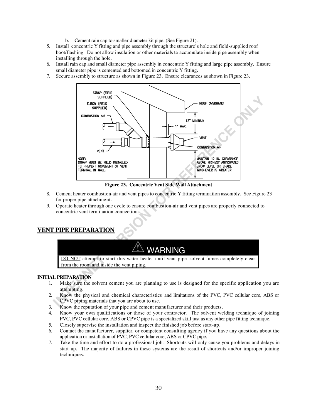 Bradford-White Corp EF Series warranty Vent Pipe Preparation, Initial Preparation 