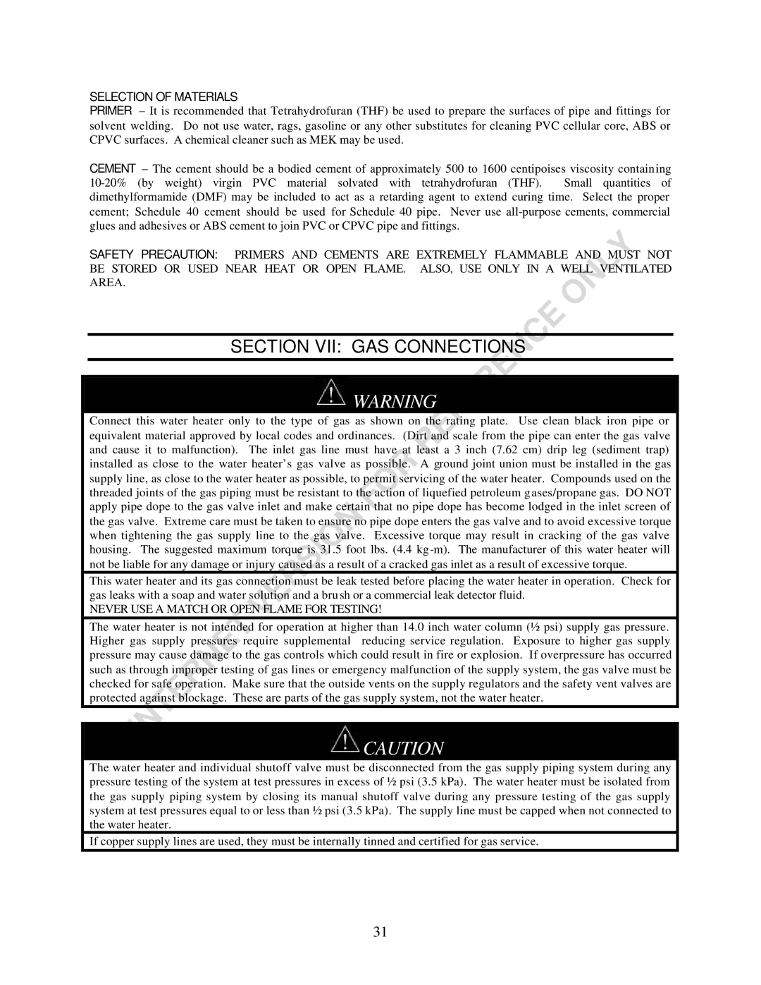 Bradford-White Corp EF Series warranty Section VII GAS Connections, Selection of Materials 