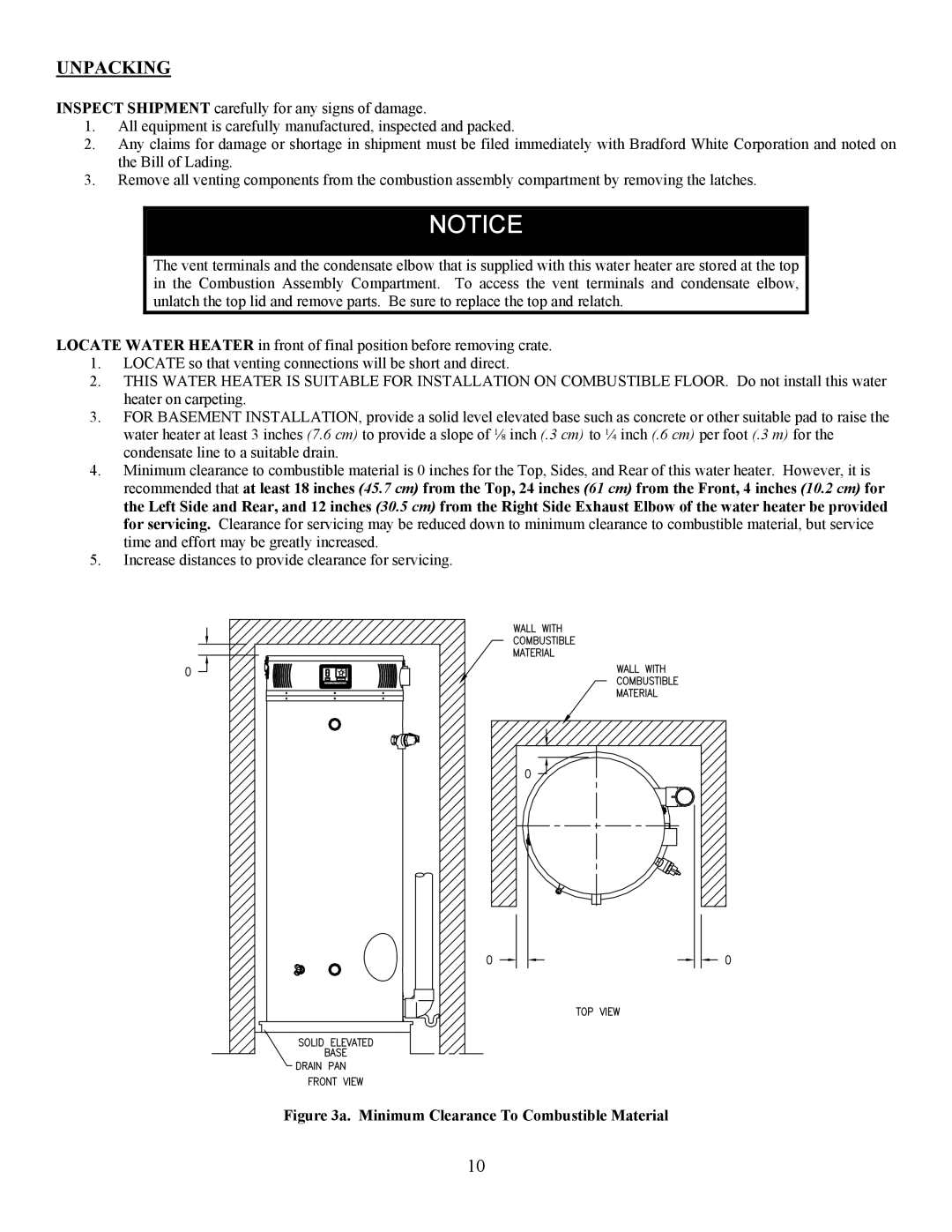 Bradford-White Corp EF operation manual Unpacking, Minimum Clearance To Combustible Material 