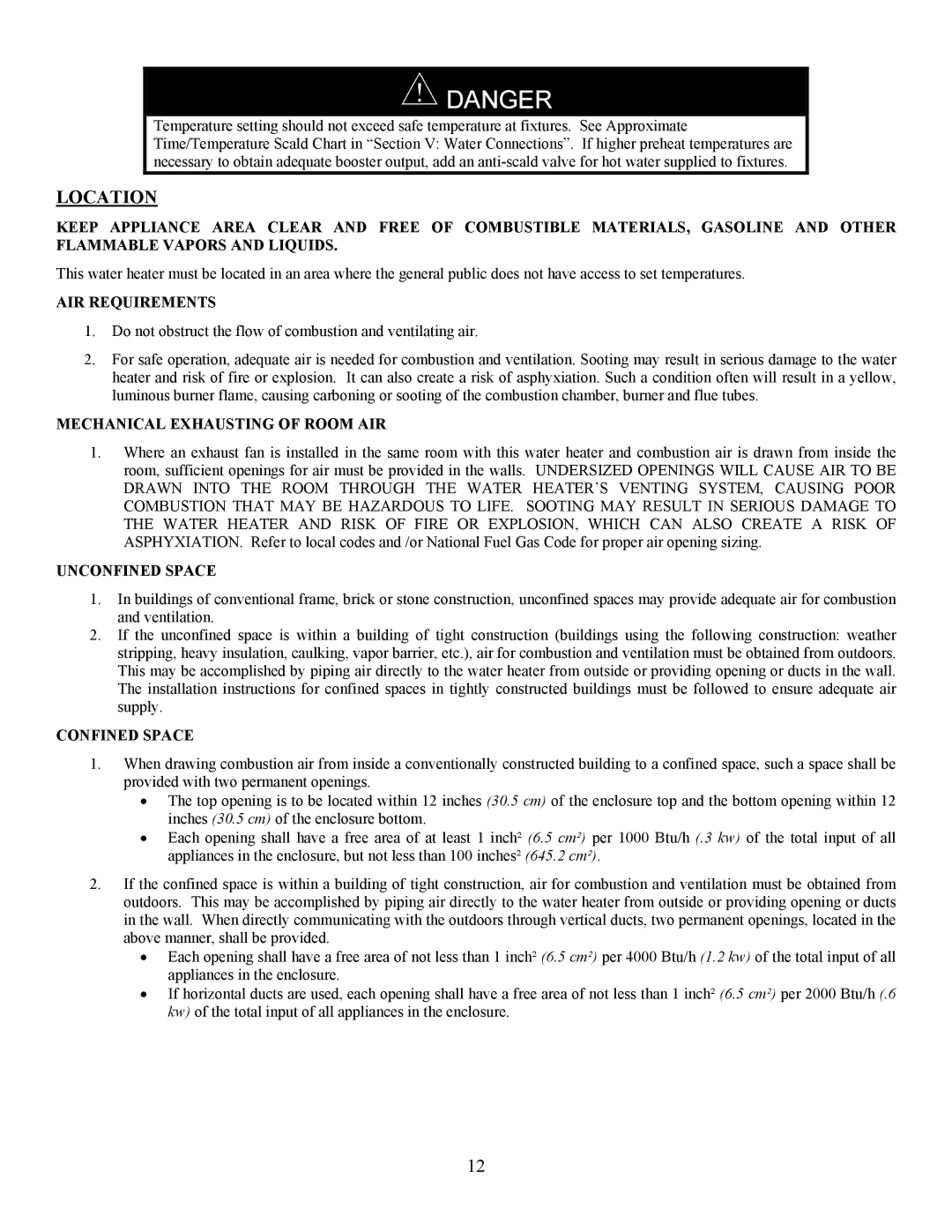 Bradford-White Corp EF Location, AIR Requirements, Mechanical Exhausting of Room AIR, Unconfined Space, Confined Space 