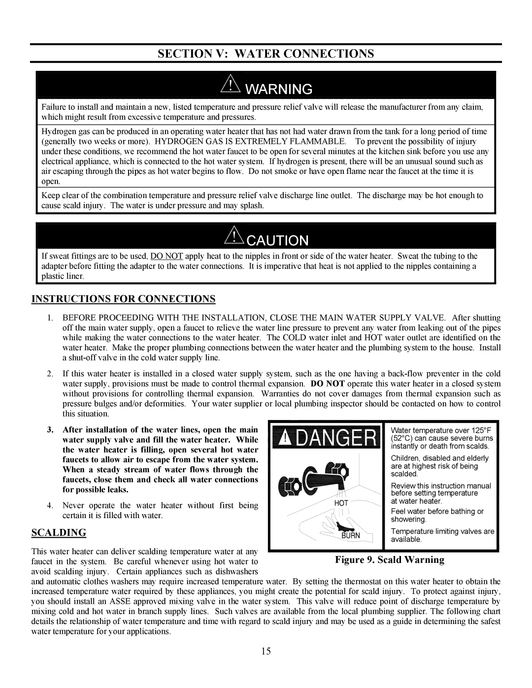 Bradford-White Corp EF operation manual Section V Water Connections, Instructions for Connections, Scalding 