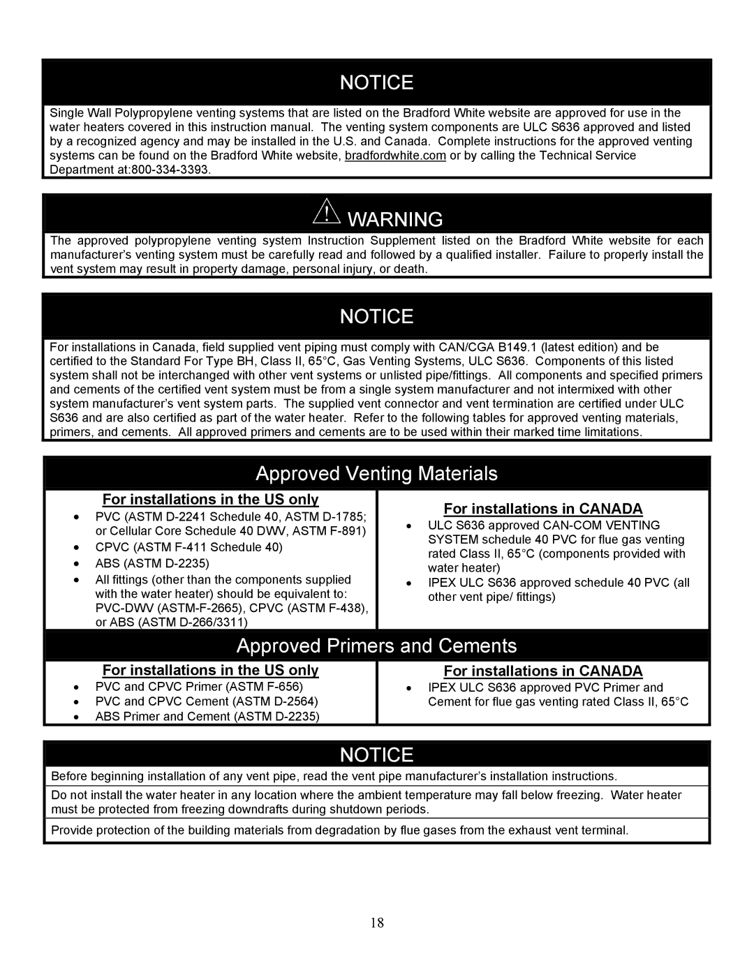 Bradford-White Corp EF operation manual Approved Venting Materials 