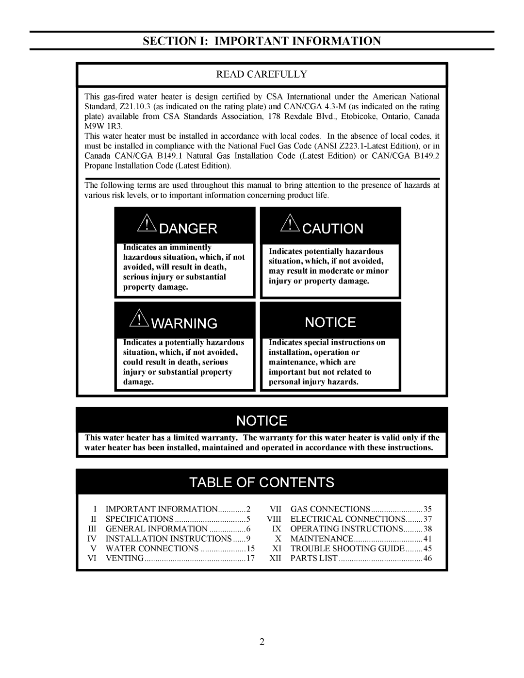 Bradford-White Corp EF operation manual Table of Contents 