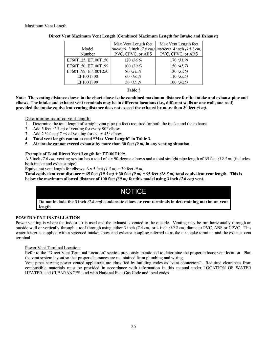 Bradford-White Corp EF operation manual Determining required vent length, Power Vent Installation 