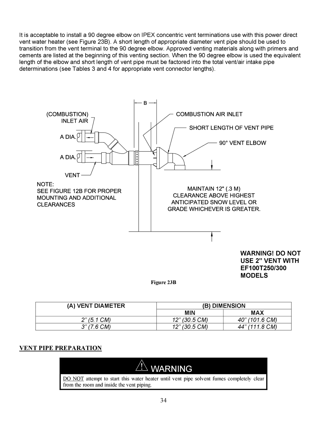 Bradford-White Corp EF operation manual Models, Vent Pipe Preparation 