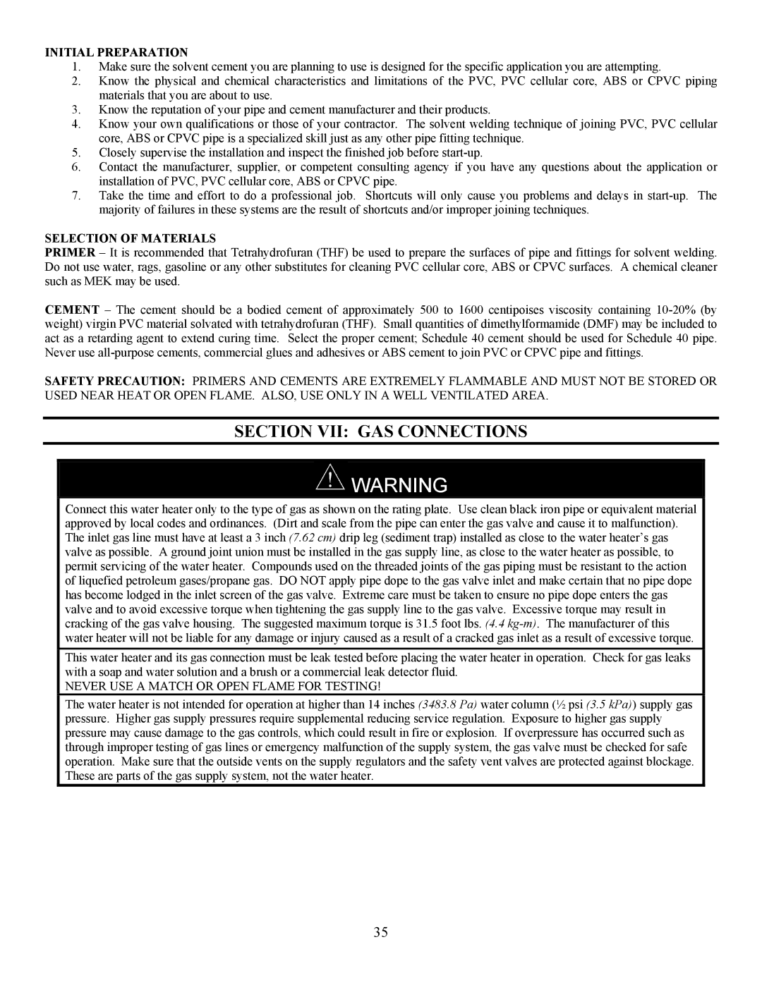 Bradford-White Corp EF operation manual Section VII GAS Connections, Initial Preparation, Selection of Materials 