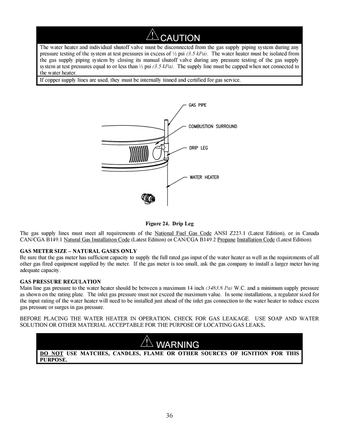 Bradford-White Corp EF operation manual GAS Meter Size Natural Gases only, GAS Pressure Regulation 