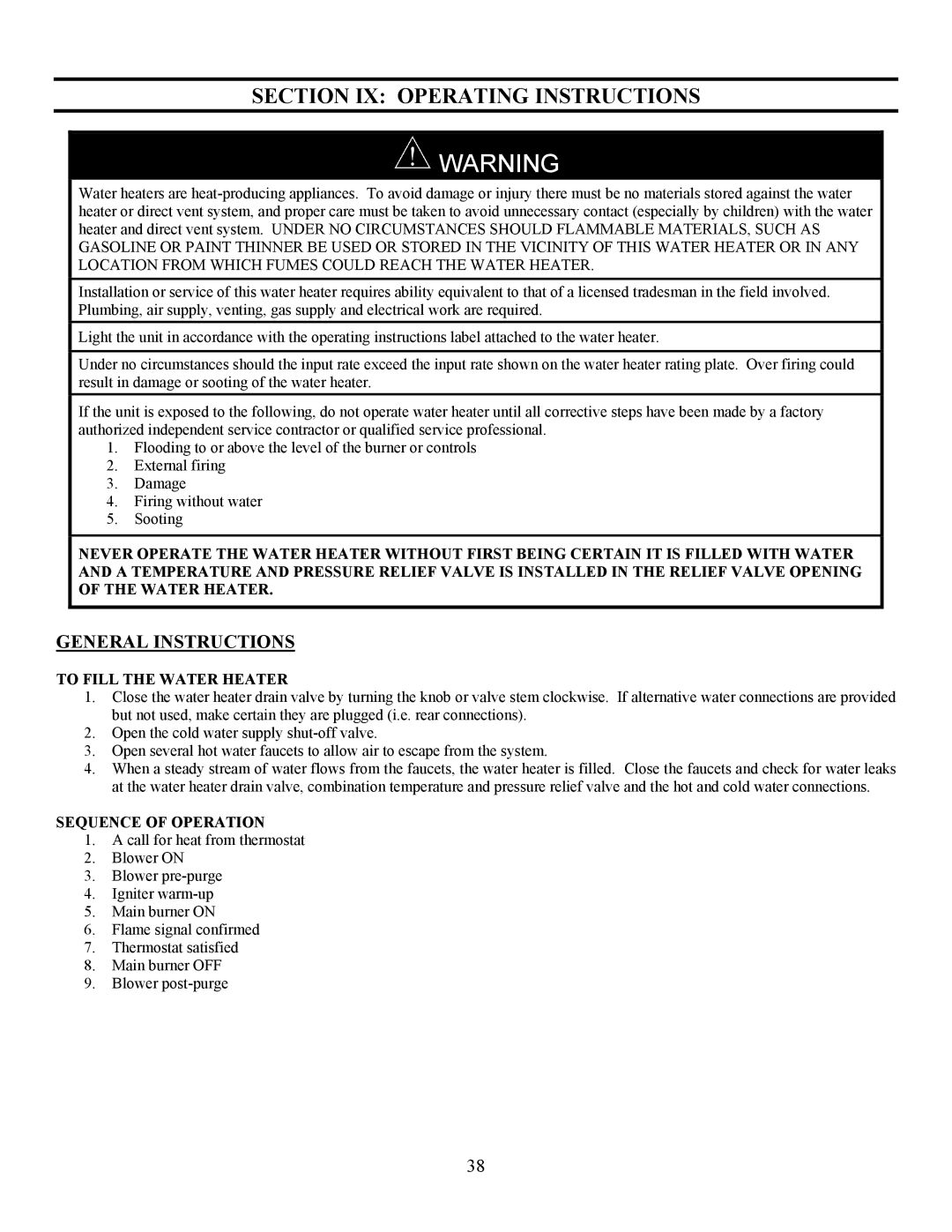 Bradford-White Corp EF operation manual Section IX Operating Instructions, General Instructions, To Fill the Water Heater 