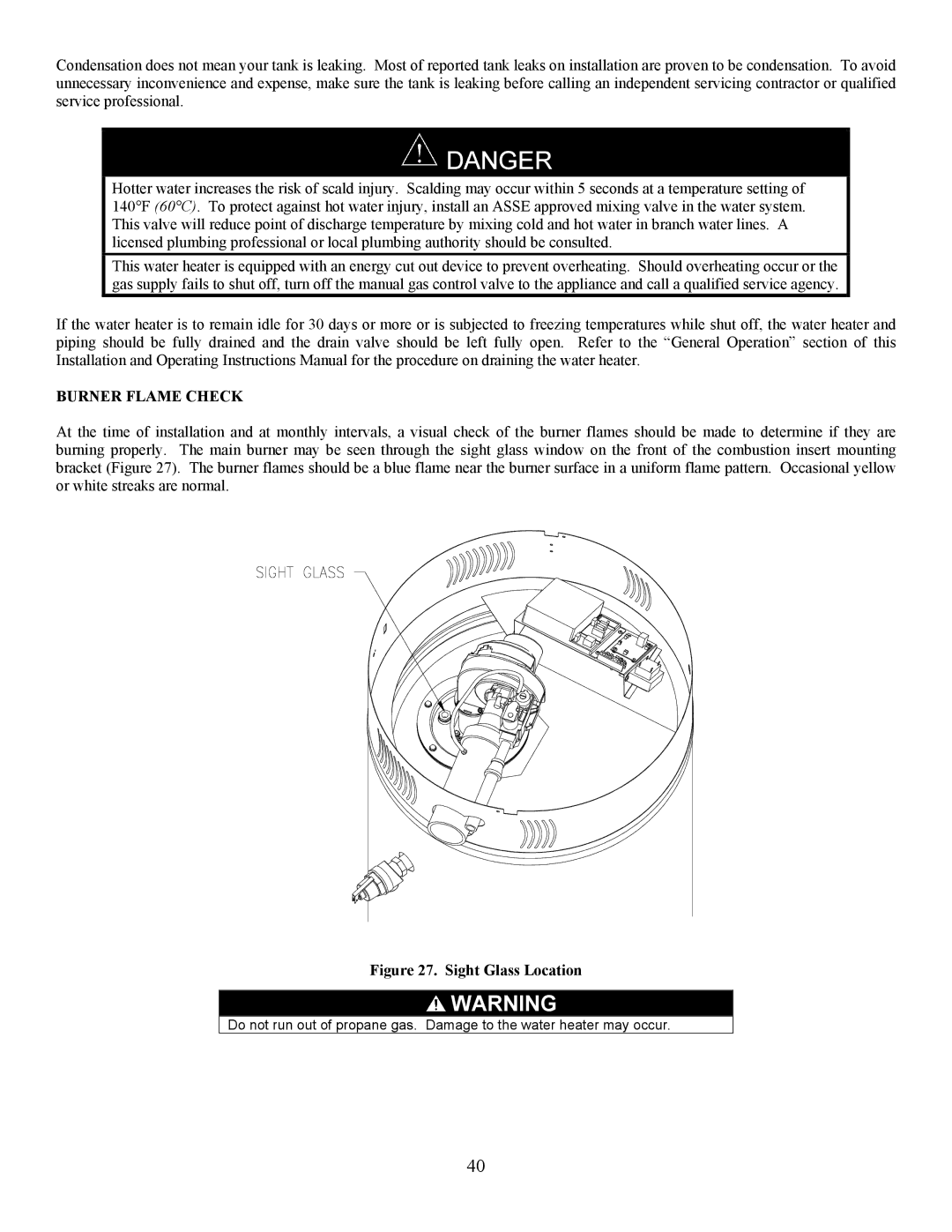 Bradford-White Corp EF operation manual Burner Flame Check, Sight Glass Location 