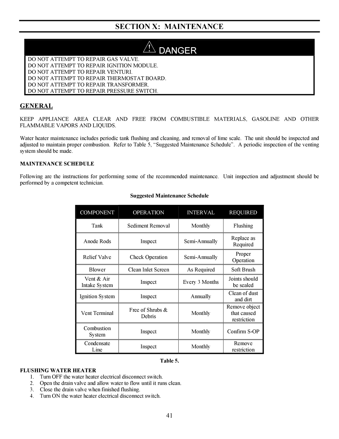 Bradford-White Corp EF operation manual Section X Maintenance, General, Maintenance Schedule, Flushing Water Heater 