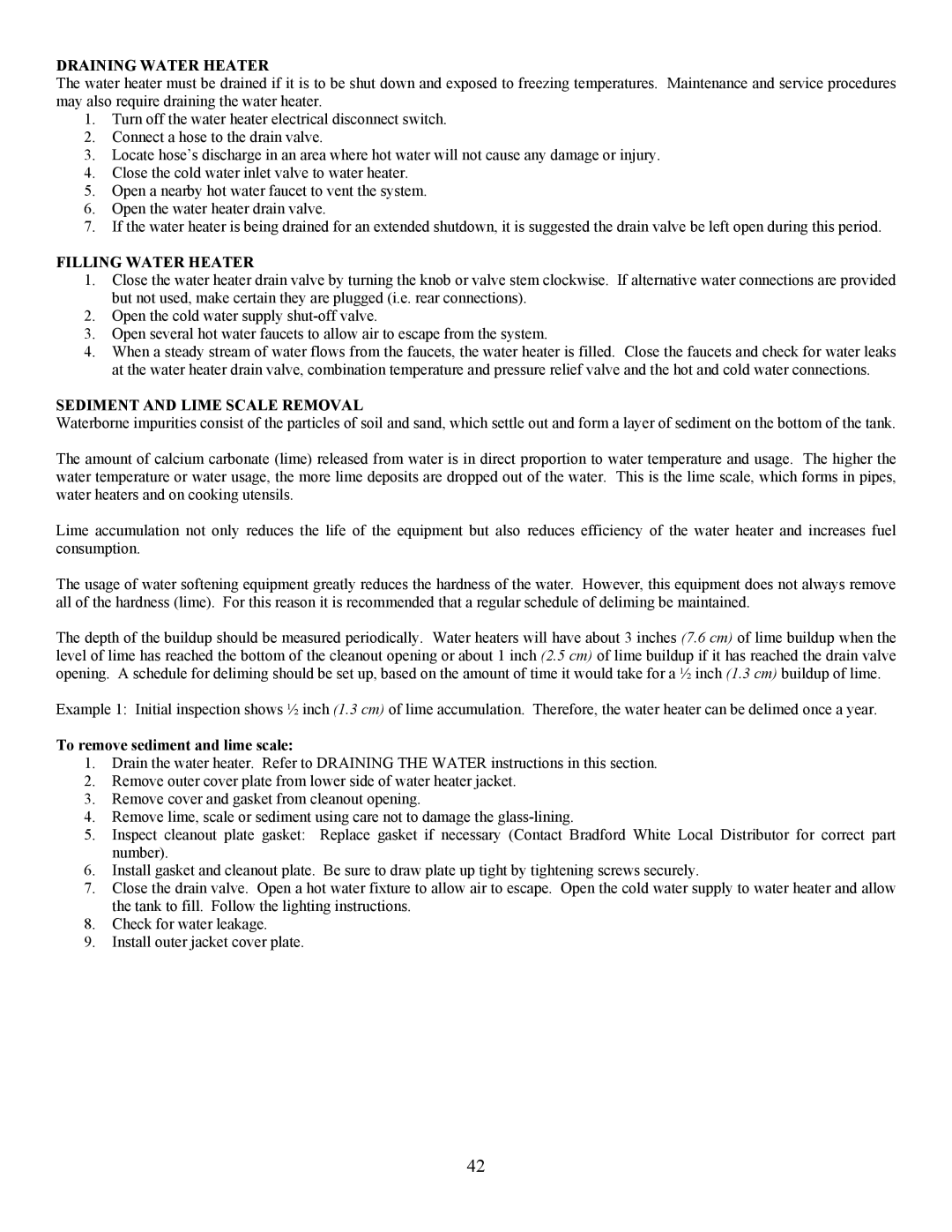 Bradford-White Corp EF operation manual Draining Water Heater, Filling Water Heater, Sediment and Lime Scale Removal 