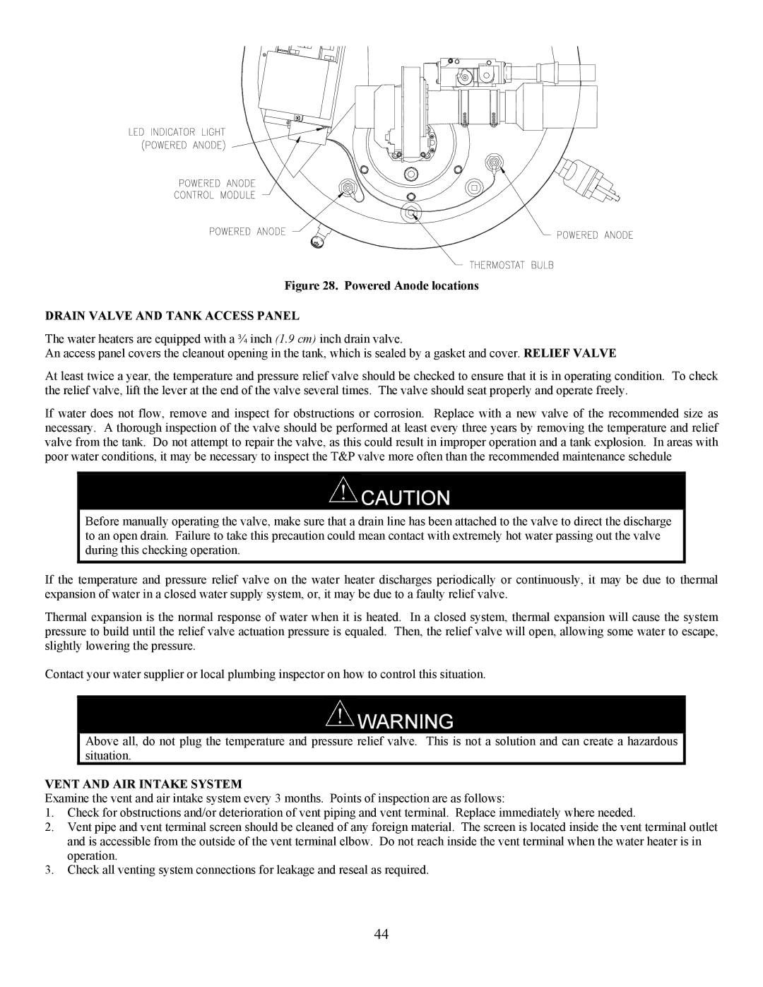 Bradford-White Corp EF operation manual Drain Valve and Tank Access Panel, Vent and AIR Intake System 