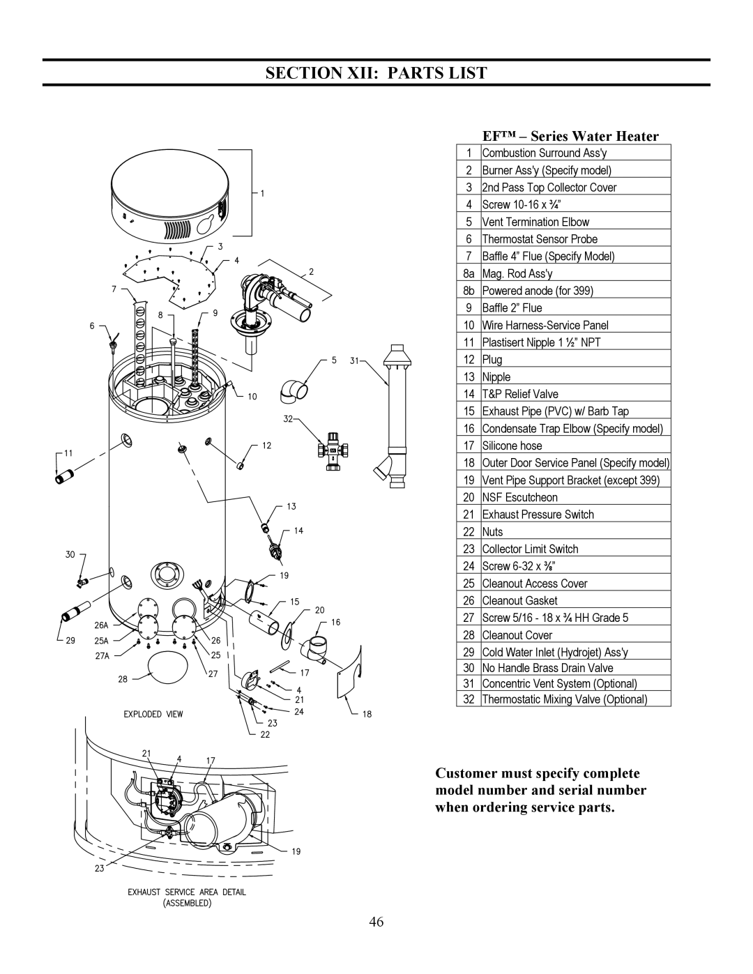 Bradford-White Corp operation manual Section XII Parts List, EF Series Water Heater 