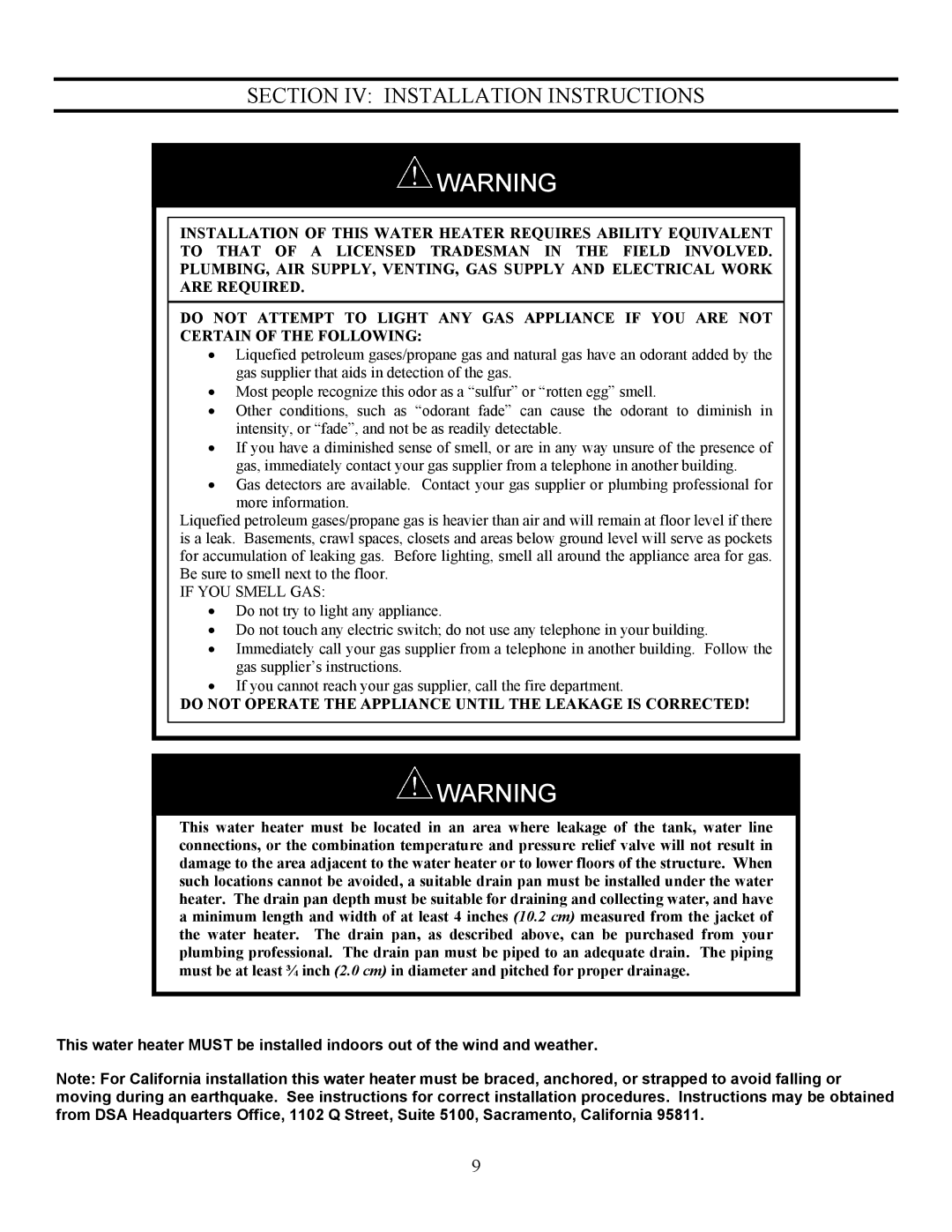 Bradford-White Corp EF operation manual Section IV Installation Instructions 