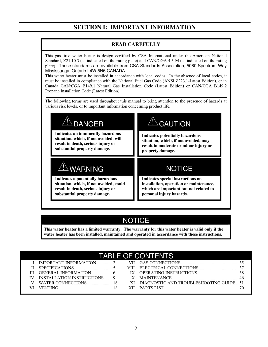 Bradford-White Corp EFR160T120, EFR-1-60T1206EN warranty Table of Contents 