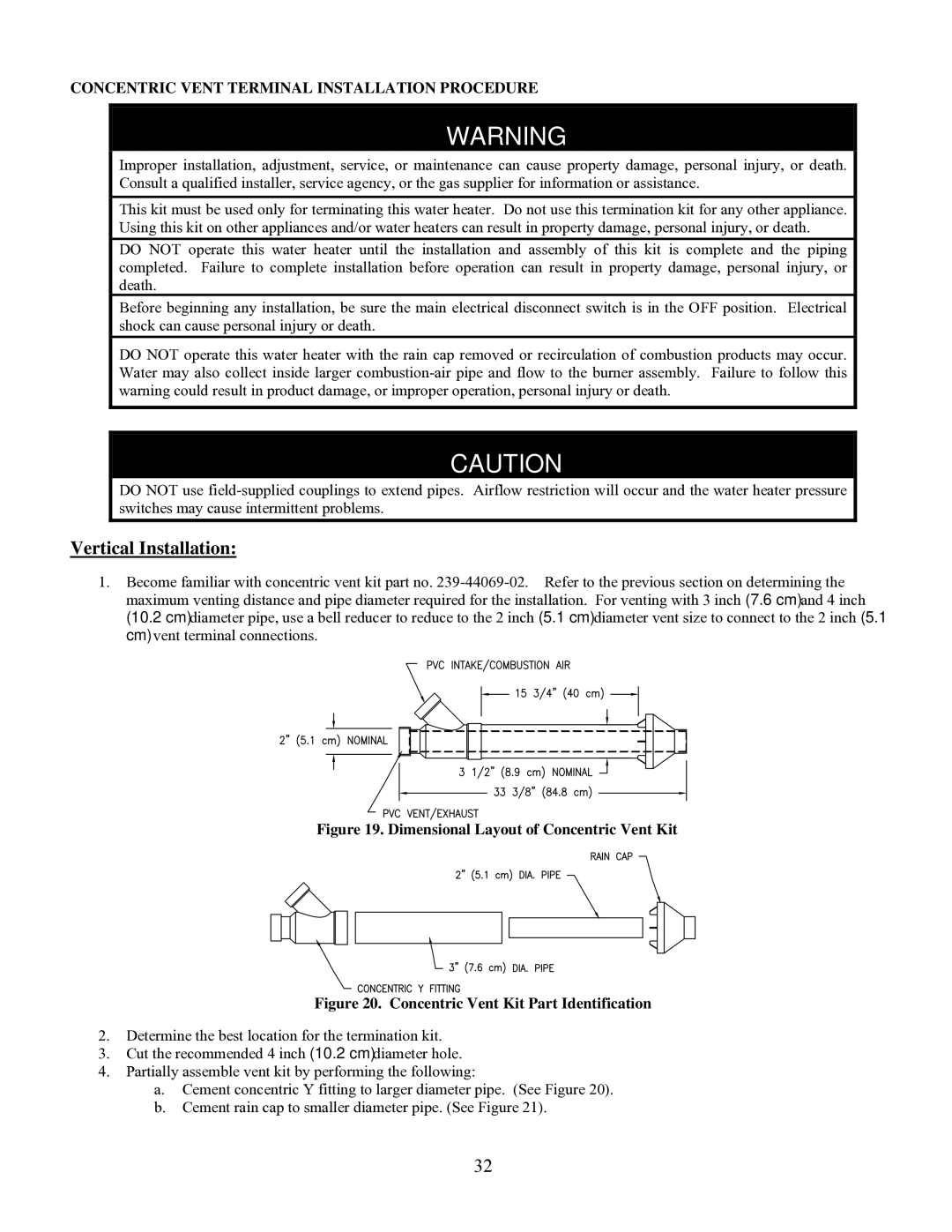 Bradford-White Corp EFR160T120, EFR-1-60T1206EN Vertical Installation, Concentric Vent Terminal Installation Procedure 