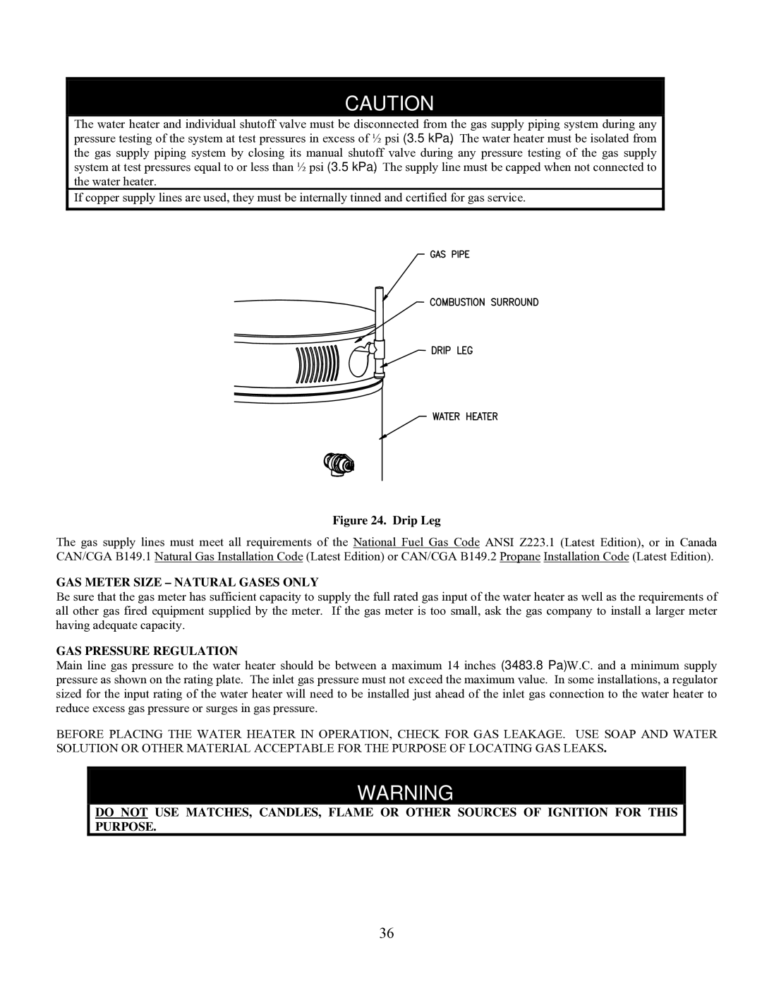 Bradford-White Corp EFR160T120, EFR-1-60T1206EN warranty GAS Meter Size Natural Gases only, GAS Pressure Regulation 