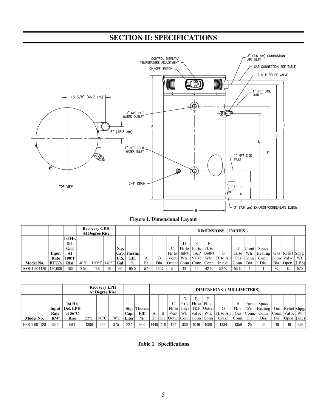 Bradford-White Corp EFR-1-60T1206EN, EFR160T120 warranty Section II Specifications, Dimensions Inches 