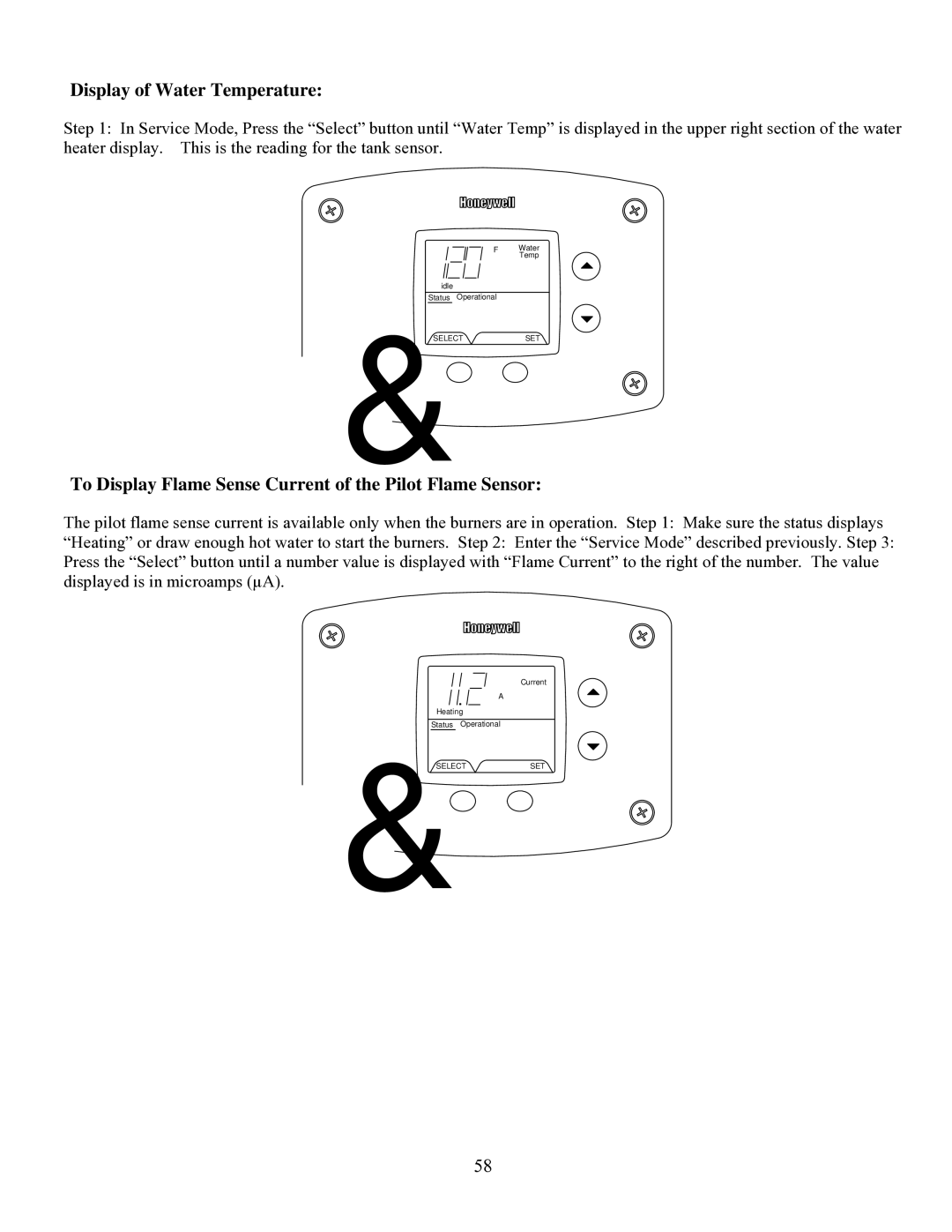 Bradford-White Corp EFR160T120 Display of Water Temperature, To Display Flame Sense Current of the Pilot Flame Sensor 