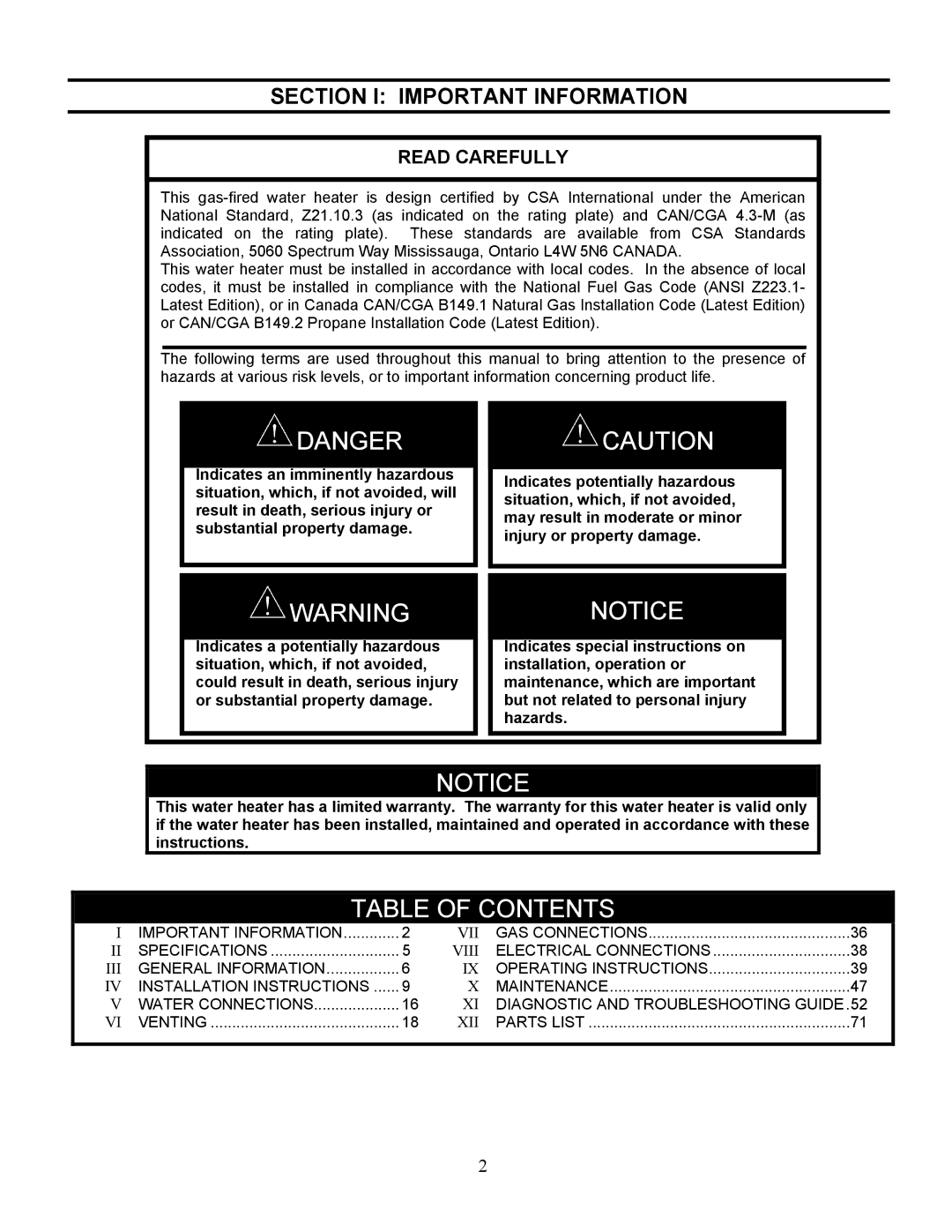 Bradford-White Corp EFR160T120, ULTRA HIGH EFFICIENCY GAS WATER HEATER warranty Table of Contents 