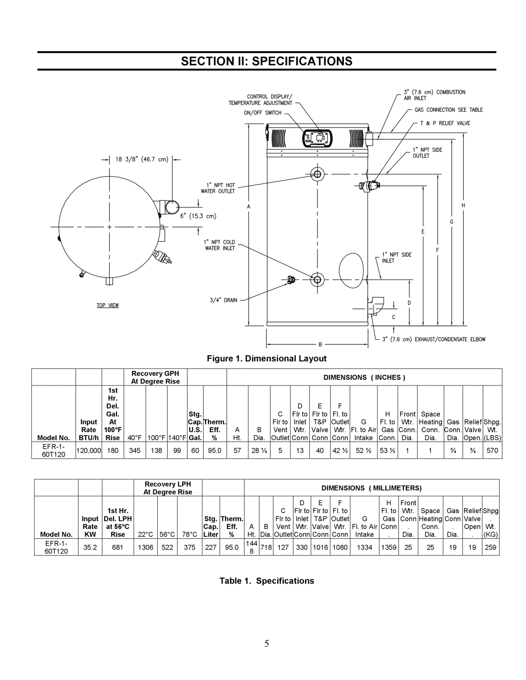 Bradford-White Corp ULTRA HIGH EFFICIENCY GAS WATER HEATER, EFR160T120 warranty Section II Specifications, Dimensions Inches 