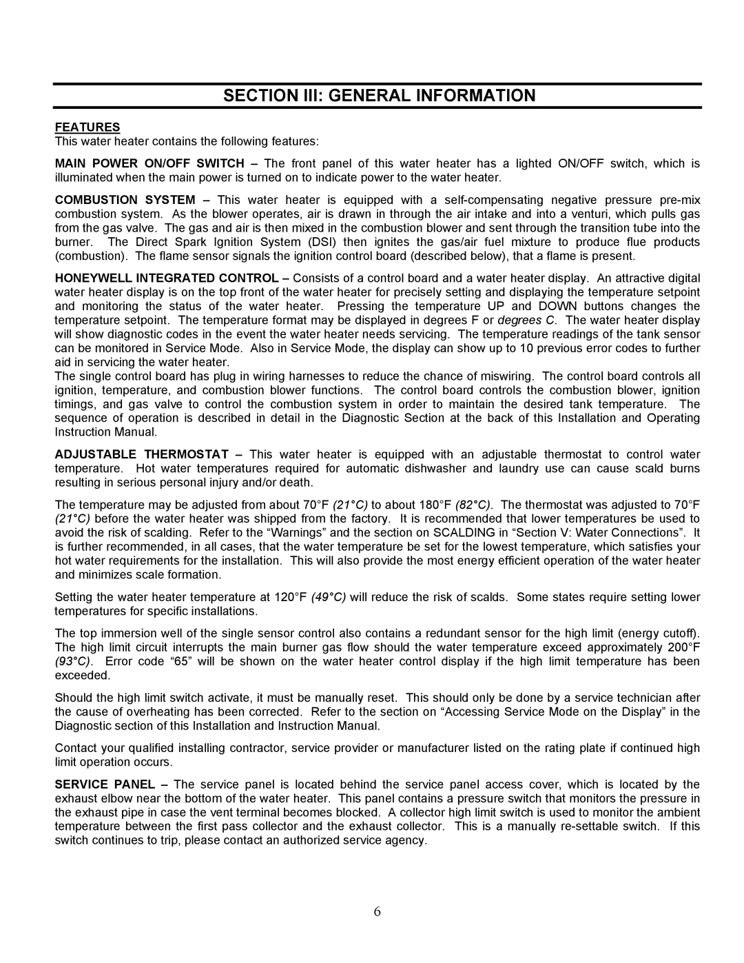 Bradford-White Corp EFR160T120, ULTRA HIGH EFFICIENCY GAS WATER HEATER warranty Section III General Information, Features 