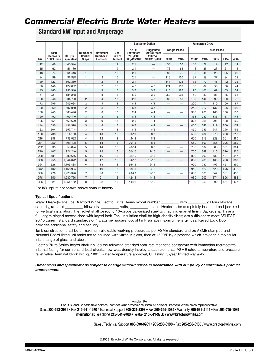 Bradford-White Corp Electric Brute Water Heater warranty Standard kW Input and Amperage 