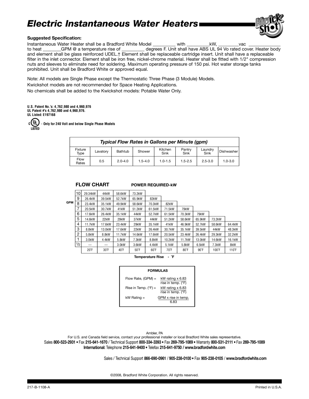 Bradford-White Corp Electric Instantaneous Water Heaters warranty Typical Flow Rates in Gallons per Minute gpm 