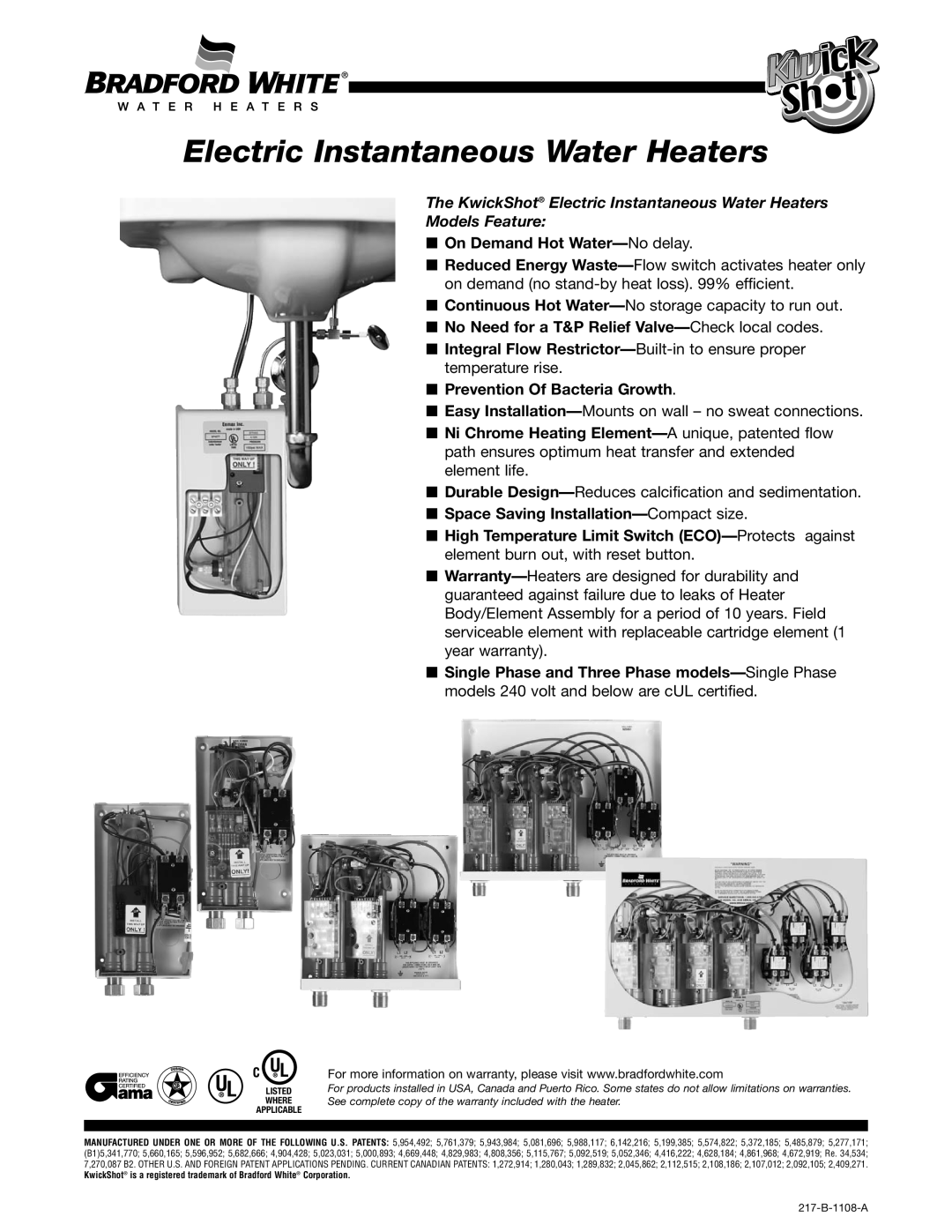 Bradford-White Corp Electric Instantaneous Water Heaters warranty On Demand Hot Water-No delay, Listed, Where, Applicable 