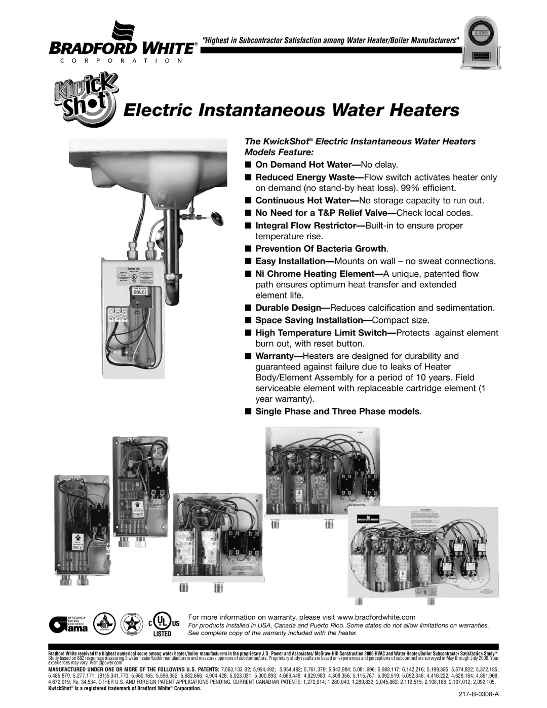 Bradford-White Corp ES-4100, ES-3500, ES-5500, ES-3000 warranty Electric Instantaneous Water Heaters 